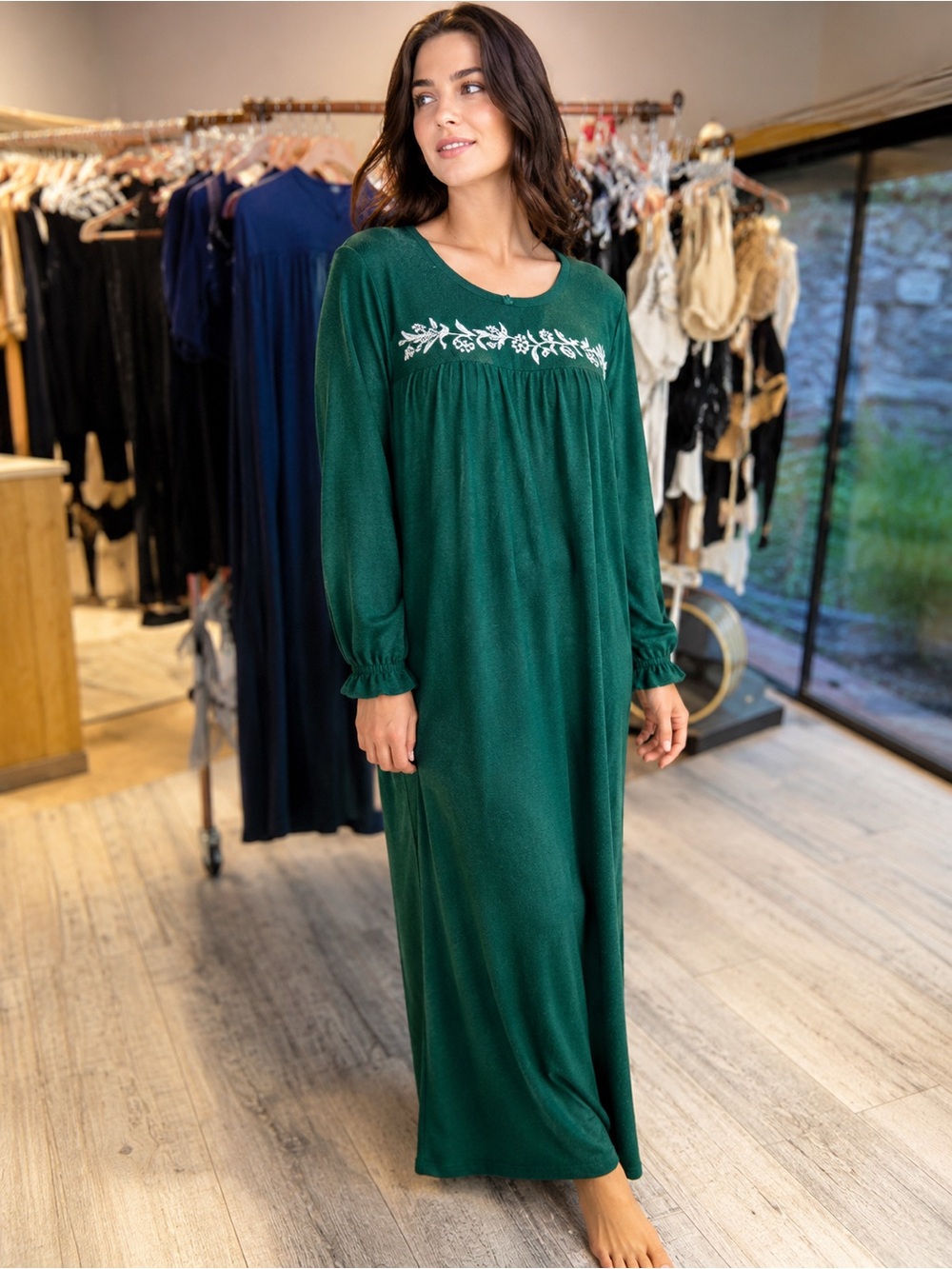 Charter Club Embroidered Long Sleeve Knit Nightgown Green M